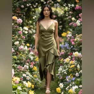 Wild Fable Olive Green Satin Slip Dress with Ruffle Hem. Side Zip. Size L